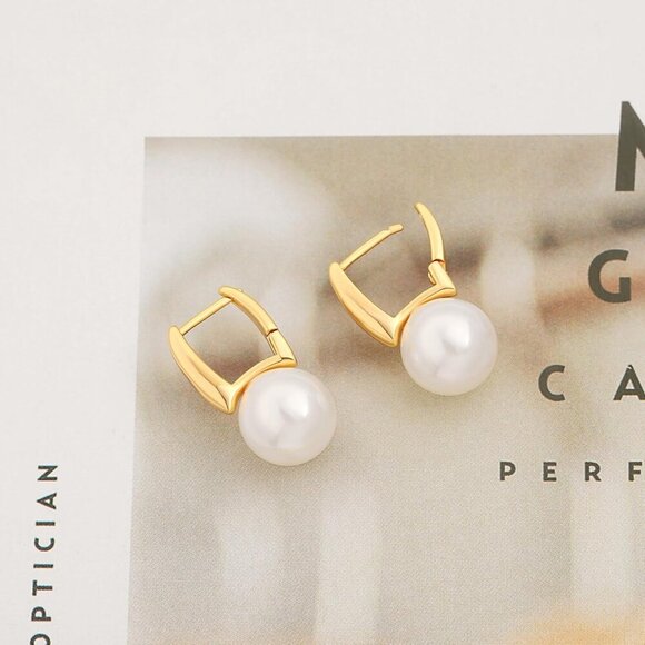 Gold Barrel Hoop Handpicked A+Quality 7.5-8mm White Pearl Dangle Drop Earring - Picture 7 of 7